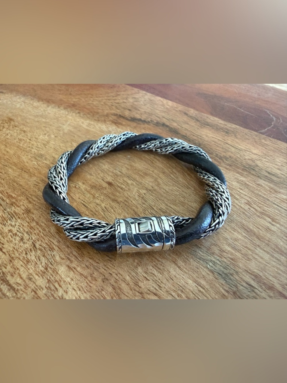 John Hardy 925 Silver & Espresso Brown Leather Twisted Icon Bracelet Size M
